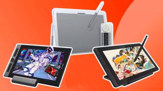 A product shot of the various best drawing tablets on an orange background